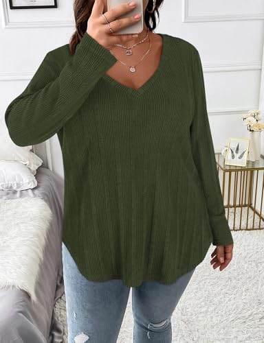 Image of Koscacy Women Plus Size Casual Knit Sweater V Neck Solid Color Tops Lightweight Long Sleeve Blouses