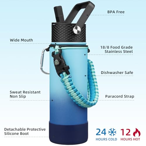 Image of BJPKPK 22oz Insulated Water Bottle with 3 Lids, Straw Lid & Handle