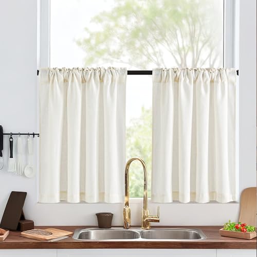 NICETOWN Linen Short Curtains 30 Inch Length for Kitchen Farmhouse Style 2 Panels Back Tab Pocket Tier Rust Small Curtains for Kithen Barhroom Door Wi