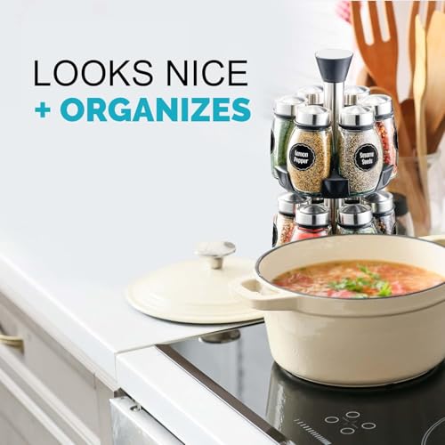 Revolving Spice Rack Organizer - Spinning Countertop Herb and Spice Storage Rack Tower Organizer with 12 Empty Glass Jars Bottles and Labels, Rotating Spice Holder Shelf Seasoning Rack - Image 6
