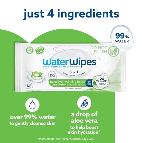 Image of WaterWipes Hydrating Clean Baby Wipes, 99% Water-Based Formula with Aloe Vera to Hydrate & Clean Skin, Unscented & Hypoallergenic, 12 Resealable Packs (720 Wipes)