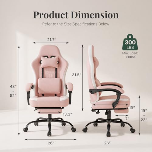 Image of Computer Gaming Chair - High Back Ergonomic Desk Chair with Footrest and Lumbar Support, Height Adjustable Task Chair with Linkage Armrests and Headrest, 360 Swivel Wheels, Pink