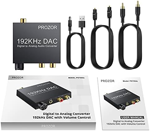 PROZOR 192KHz Optical to RCA Converter Volume Adjustable DAC Converter Digital SPDIF Toslink Coaxial Optical to 3.5mm Jack Analog Stereo Audio L/R RCA Audio for HDTV Blu-ray DVD etc