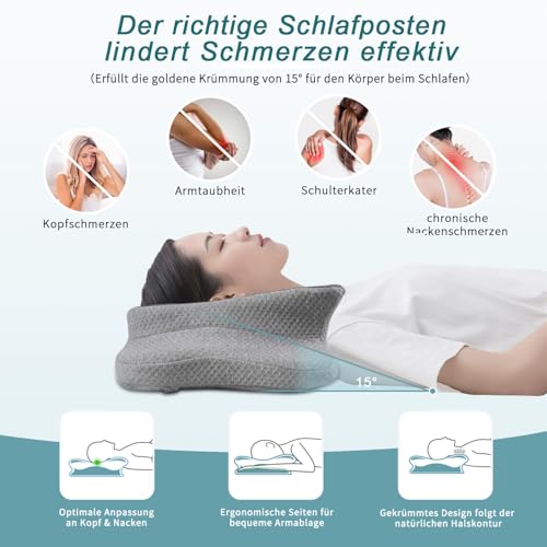 CHxxy Memory Foam Kissen 2in1,Ergonomisches Nackenkissen gegen Nackenschmerzen, atmungsaktiv,hautfreundlich,mit kühlendem Bezug–Kontur Bettkissen für Seiten-, Rücken-&Bauchschläfer,Vollgrau