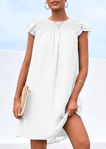 Image of KIRUNDO Wedding Guest Shift Dresses for Women Short Spring Summer Ruffle Cap Sleeve Chiffon Babydoll Flowy Mini Sundress(White, Large)