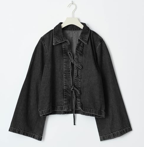 Woman Casual Open Front Denim Jacket Long Sleeves Tie Up Jeans Shirt Vintage Lapel Neck Lightweight Denim Coat3