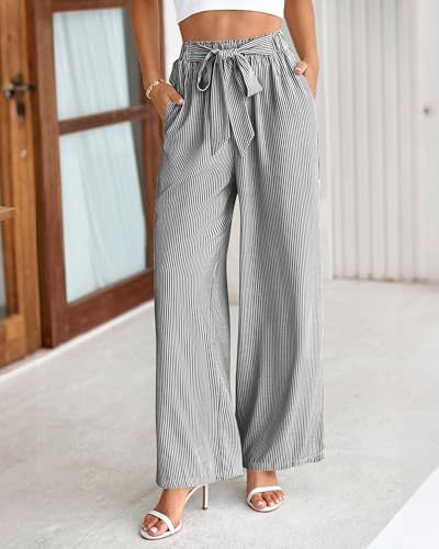 Image of BTFBM Pants for Women 2026 Spring Clothes Striped High Waist Tie Knot Dressy Casual Wide Leg Palazzo Work Trousers Pants