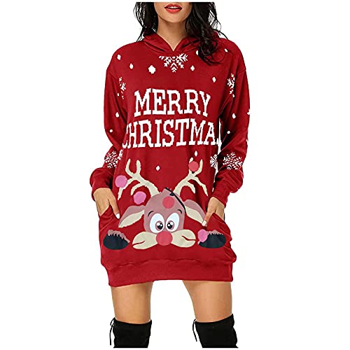 Robe de Noël femme pvucpot à capuche imprimé wapiti et manches longues