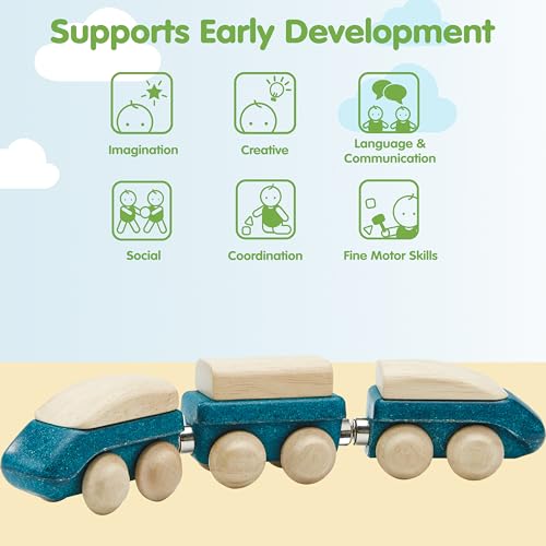 Image of PlanToys Hybrid Train Wooden Montessori Vehicle Toy | Early Movement, Imagination and Practical Life Exploration | Eco Friendly Train Set for Meaningful Play