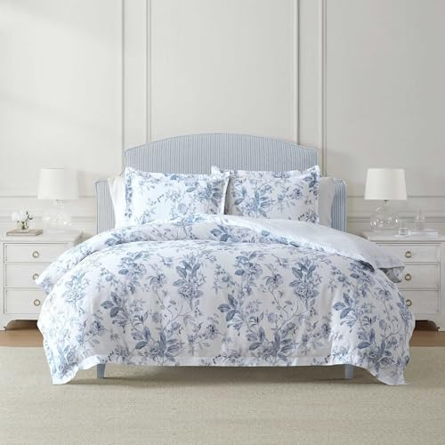 Martha Stewart - Queen Comforter Set 100% Silky Smooth Cotton Sateen Floral Bedding for Year Round Comfort 3 Piece Bed Set with Matching Pillowcases (Songbird Blue)