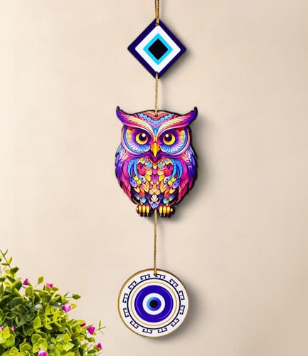 Image of ascension Owl Evil Eye Hanging for House Positive Vibes Wooden Wall Art For Wall Decor In Bedroom, Office, Kitchen Modern Artworks Wall Decor Items Door Entrance Decorative (Owl Evil Eye Hanging)