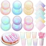 Iridescent Pastel Plates and Napkins Serve 25, Pastel Rainbow Holographic Party Plates Supplies, Disposable Paper Plates Napkins Cups Knives Forks for Birthday Wedding Baby Shower Party Decorations