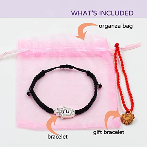 Image of Uloveido Customized A to Z 26 Letters Hand of Fatima Bracelet - Fatima Hamsa Hand Evil Eye Protection Bracelet Lucky Charm Adjustable Braided Black String