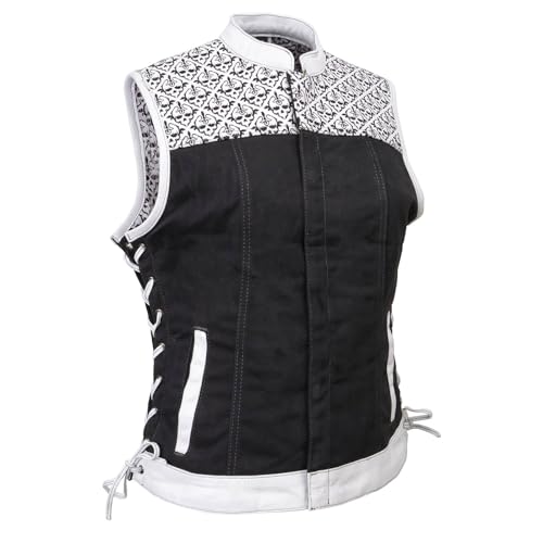 Milwaukee Leather MDL4050 Women's 'Skelly' Black with White Motorcycle Denim Vest w/Skull Embroidery