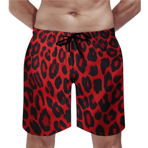 Red Leopard Pattern Swim Trunks Quick Dry Summer Beach Swimming Trunks Men's Casual Shorts