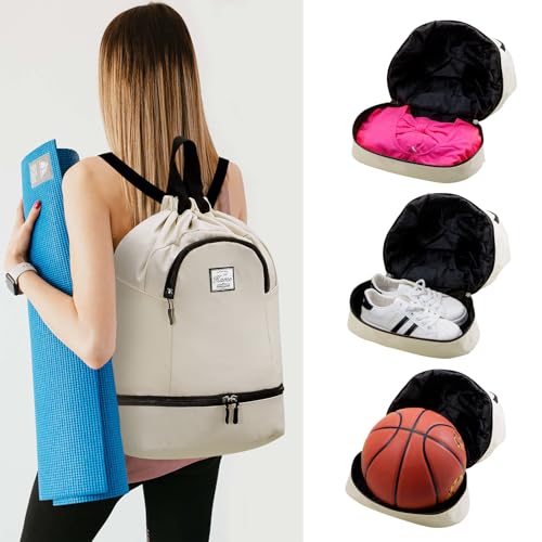 Image of Kamo Drawstring Backpack Bag - Sport Swimming Yoga Backpack with Shoe Compartment, Two Water Bottle Holder for Men Women Large String Backpack Athletic Sackpack for Travel