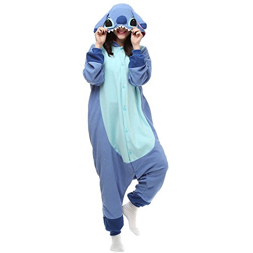 URRCFIO Adult Blue Alien Animal Onesie Costume, Soft Plush Hooded Pajamas for Halloween Cosplay, Party, Lounge and Sleepwear Blue Large