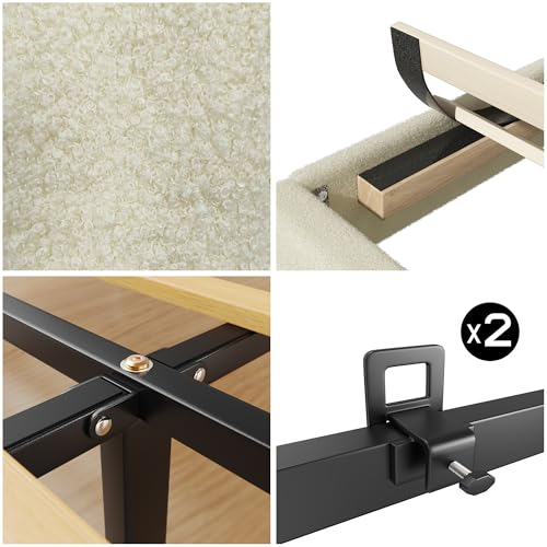 Queen Bed Frame, Boucle Upholstered Platform Bed with Iron & Wood, Beige - image 6