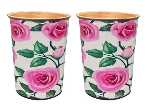 Botella de agua de cobre de 950 ml con estampado de rosas y vasos 6