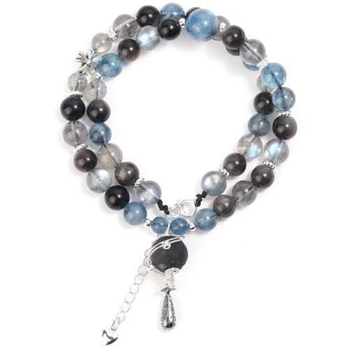 HHCTEBEC Pulsera de Cristal de obsidiana Negra y Piedra Lunar Azul – Joyería con Cuentas de Vidrio volcánico Oscuro y Piedras Preciosas iridiscentes para protección, intuición y Equilibrio