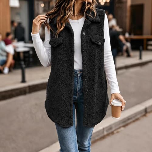 Womens Sherpa Fleece Vest Longline Button Front Flap Pockets Casual Winter - image 2