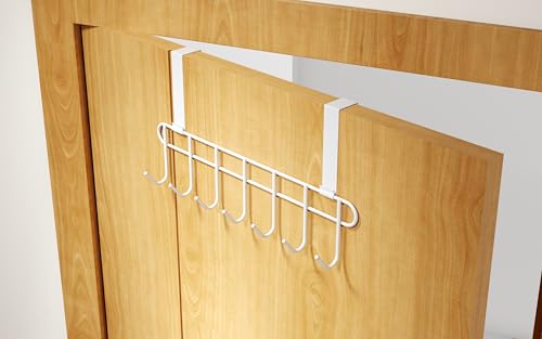 Image of Over the Door Hook Hanger Rack | Heavy Duty Multi Alloy Steel | No Drill 7 Hook Organizer | Space Saving Door Hanger for Bedroom, Bathroom, Kitchen & Home Storage - White (Pack of 2)