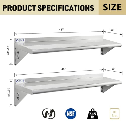 Image of Hally Stainless Steel Shelf Wall Mounted Metal Shelf Wall Shelf 10 x 48 NSF Heavy Duty 345 lb Capacity, Commercial Wall Mounted Storage Rack for Kitchen, Garage, Laundry Room 2 Pack