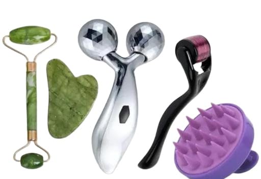 Face Jade Stone Roller Massager With Gua Sha Jade Stone -3D Massager Roller Set Facial Combo For Skin Eye Body Women Men | Hair Scalp Massager Shampoo Brush (Black) AAD-P611-picture-22