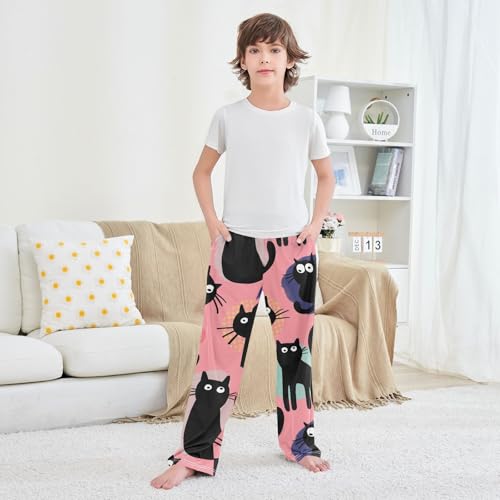 Cute Black Cats Boys Pants Boys Athletic Pants Long Pant for Boywith Pockets Wide-Leg Size 6-14Y 6