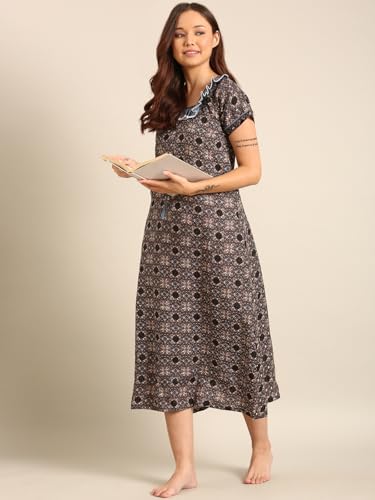 Image of Rupa Jon Aishwarya Women Full Length Printed Nighty in Premium Cotton Blend Fabric, Night Dress, Maxi Nighty for Comfortable Everyday Wear