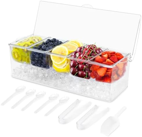 Glofex Ice Chilled Condiment Server with Lid - Salad Bar Buffet Condiment Tray,5 Compartment Garnish Tray,Mimosa Bar Fruit Caddy,Transparent Pizza Topping Station (Contemporary)