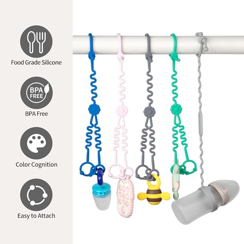 Image of Baby Toy Straps - 1 Drag 2 Design for Toy Safety - 5 Food-Grade Silicone Straps for Strollers, High Chairs, Cribs & Car Seats - Navy, Dark Gray, Pink, Spearmint + Sippy Cup Strap