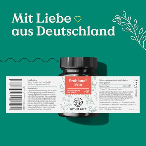 NATURE LOVE® Probiona Fem - Milchsäurebakterien für Frauen Intimflora - Mit 5 Milchsäure Kulturen: Lactobacillus Rhamnosus, Acidophilus, Crispatus Casei, Fermentum - 30 Kapseln - vegan & laborgeprüft