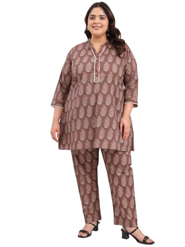 Image of Tissu Women's Plus Size Pure Cotton Red Asymmetrical Top with Trouser Co-ord Set
