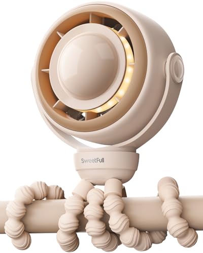 SWEETFULL Baby Stroller Fan - 4000mAh Rechargeable 4-Speed Quiet with LED Display & Night Light, Mini Portable 360° Clip On Safe Fan for Car Seat,...