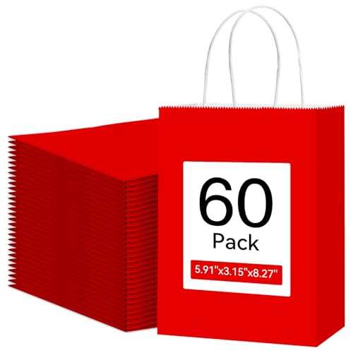 Qioxiou 60 Pack Red Gift Bags with Handles Small Size Bulk 5.91x3.15x8.27 Kraft Paper Gift Bags Small Red Paper Sacks for Shopping Business Retail Merchandise Grocery Wedding Birthday Party Favor