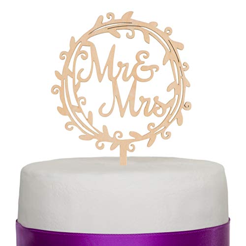 Ella Celebration Mr & Mrs Wooden Wedding Cake Topper Small 4.5 Inches Rustic Wood Floral Wreath Flowers, Olive Branch (Mr & Mrs Wreath)