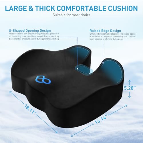 Image of BlissTrends Seat Cushion,5.2in Thick Memory Foam Cushions for Office Chair, Car Seat, Airplane, Relieving Pressure Tailbone Sciatica Back Pain for Long Sitting Office Workers, Car Drivers Black