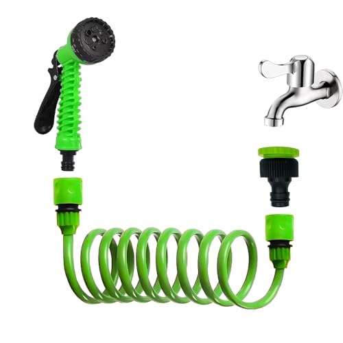 HOME GOODS Manguera Espiral, Manguera de Jardín Extensible, con Pistola de Riego y Adaptador Universal. 7 Modos de Chorro Ideal para Jardín y Limpieza de Auto, Fácil de Almacenaje (15metros)