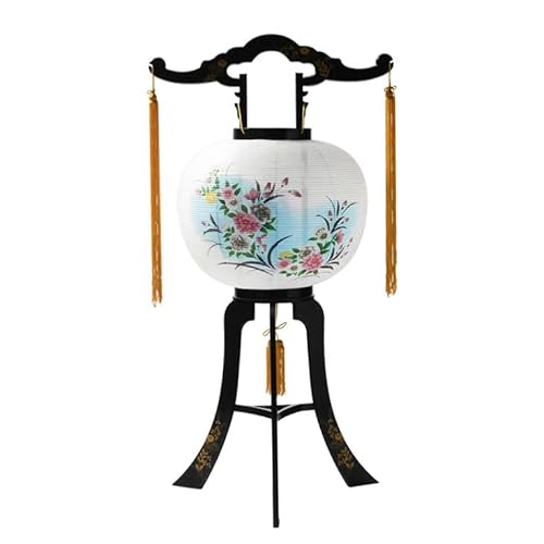 仏縁堂ブランド:限定品 お盆提灯【岐阜提灯:水玉廻転筒付 PC黒蒔絵 一重張11号 牡丹チューリップ】盆ちょうちん 行灯 盆用品 お盆飾り 新盆 初盆 色柄提灯 花柄提灯 迎え火 送り火