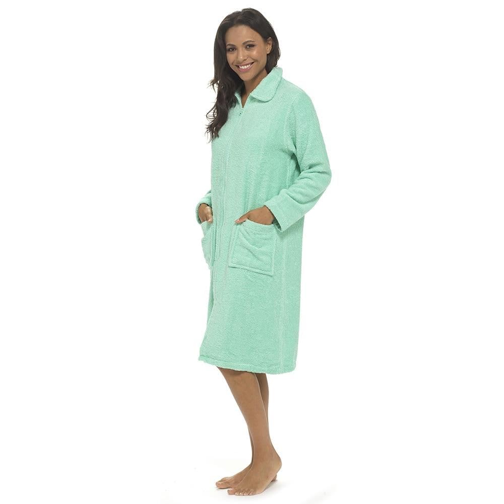 A2Z Albornoz de toalla para mujer, con cremallera frontal, 100 % algodón, con mangas largas, cremallera YKK y bolsillos profundos, bata suave y absorbente, ideal para mujeres, tallas 10-12 a 22-24