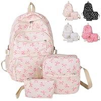 3 Piece Bow Backpack Set for Girls, Preppy Daypack & Shoulder Bag Handbags, Kawaii School Bags Floral Preppy Backpack, Kawaii Bow Nylon Rucksack, For Teen, College, Primary and Secondary (Pink)