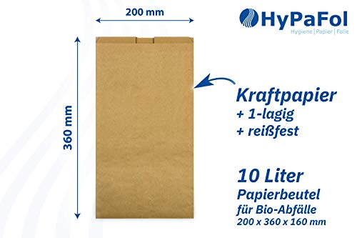 Hypafol Bio Papier Müllbeutel 300 Stück | abbaubare braune Biomüllbeutel für kompostierbare & biologische Abfälle und mehr | ohne Plastik | 1-lagig, Tüten mit 10 L Fassungsvermögen | 200x160x360 mm