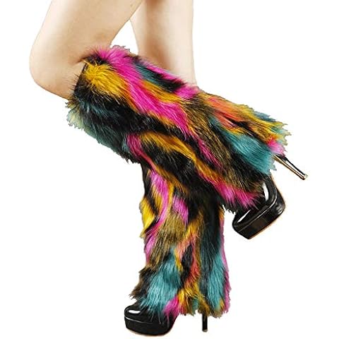 Popuid Tie Dye Women Furry Leg Warmers Faux Fur Boot Covers Fluffies Cuffs, 15.7" Tall (Hot Pink-Turquoise) Cover