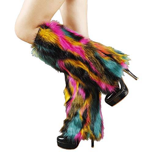 Popuid Tie dye Women Furry Leg Warmers Faux Fur Boot Covers Fluffies Cuffs (Mid -9.8