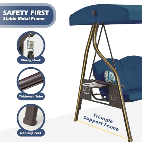 Image of ZZW 3-Seat Outdoor Porch Swing with Stand, Patio Swing with Canopy, 2 in 1 Porch Swing Bed & Patio Swing Chair for Adult, Yard Swing w /Extra Pillows and Cup Holder (Blue)