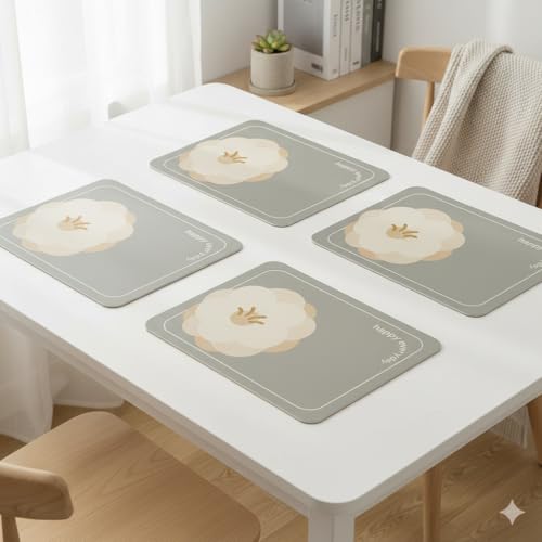 Upaado Leather Dining Table Placemat with Floral Design - Pack of 4 | Heat Resistant, Waterproof, Non-Slip Table Mat for Kitchen Dining Table, PU Leather Mat for Table Protection (Cool Grey)