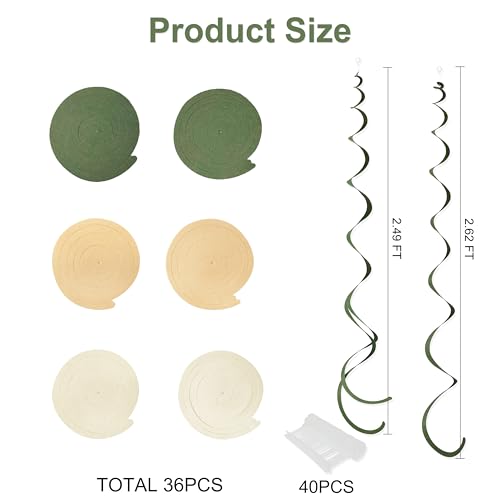 Image of 36Pcs Sage Green Hanging Swirl Decoration Olive Green Tan Brown Cream Neutral Felt Swirl Streamer Spiral Ceiling Garland for Greenery Safari Jungle Woodland Birthday Wedding Party Supplies
