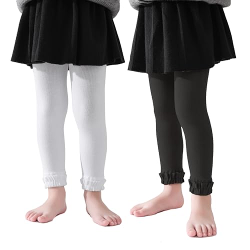 EPEIUS Baby Footless Tights Infant and Toddler Girls Cotton Ruffle Tights Kids Leggings Clothes Pantyhose Pants for 6-12 Months,2 Pairs,Black/White S