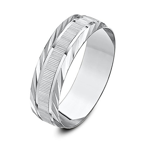 Theia Anillo de Bodas de Oro Blanco, 9k, Peso Pesado, centro Mate Serrado y Borde en Diseño Diagonal Forma de D, 6mm - Tamaño 11